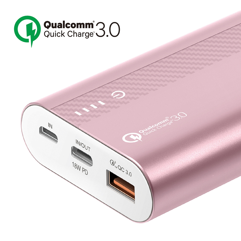 Promate 10000mAh PowerTank-20 Qualcomm QC3.0 Powerbank, Aluminium Portable USB Type-C Input/Output 18W Power Delivery, Over Charging Protection for iPhone XS/XS Max, Samsung S9+, iPad, Rose Gold